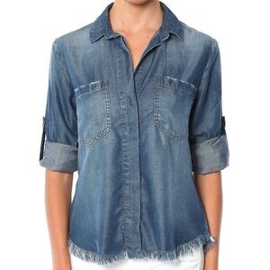 Cloth & Stone Frayed Hem Split Back Chambray Top